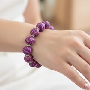 Unique Artisan Purple Marble-Look Beaded Bracelet with Rhinestone Spacers